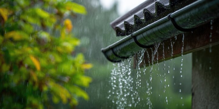 Rain falling from a dark roof gutter onto greenery