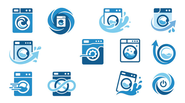 Collection of washing machine icons and logos representing laundry services and appliance functions.