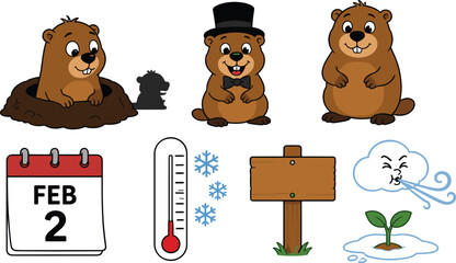 Fototapeta premium Cute Groundhog Day Cartoon Collection Featuring Groundhogs Weather Prediction Calendar Thermometer and Seasonal February Celebration Elements