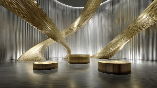 Luxurious, flowing gold ribbons drape over three cylindrical, ribbed podiums in a modern space