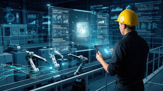 Engineer in yellow hard hat monitoring AI supply chain and predictive maintenance logs on holographic interface in smart factory, industrial automation concept.