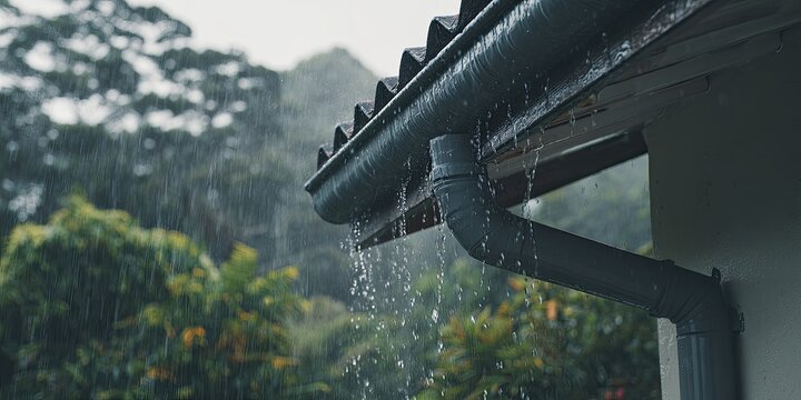 Rain pouring down a gutter and downspout onto lush green trees