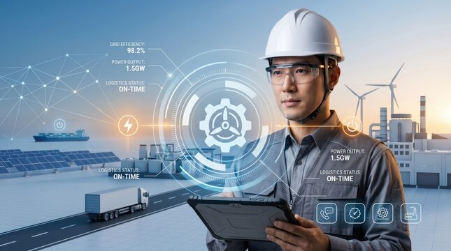 Engineer monitoring renewable energy power grid efficiency and logistics status using tablet with augmented reality display showing solar panels wind turbines and factory