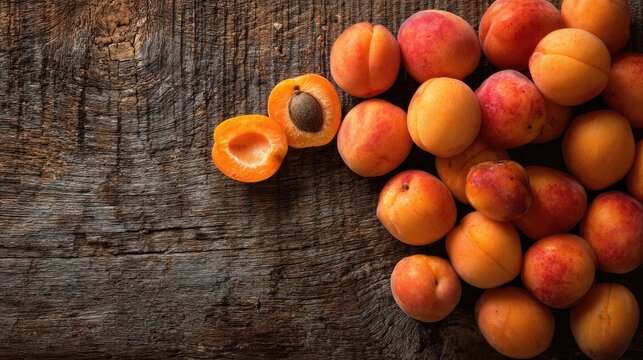 Fresh, ripe stone fruits scattered on a textured wooden surface