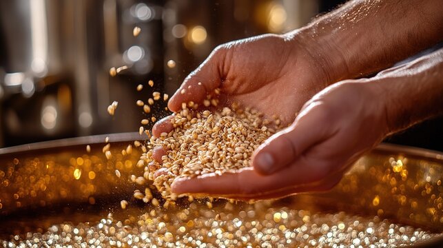 Brewer's Hands Scattering Malted Barley over Copper Mash Tun with Steam