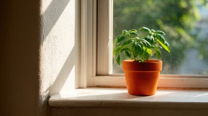 Fototapeta premium Sunlit windowsill with a small green plant in an orange pot