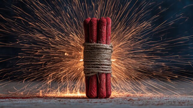Red firecrackers bound with twine, exploding with bright sparks and embers