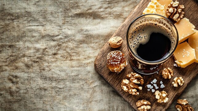 Overhead Wooden Board with Half Empty Tulip Glass of Stout, Aged Cheddar Walnuts Honeycomb Sea Salt, Neutral Linen Background Lower Right Empty Space for Text, Beer Tasting