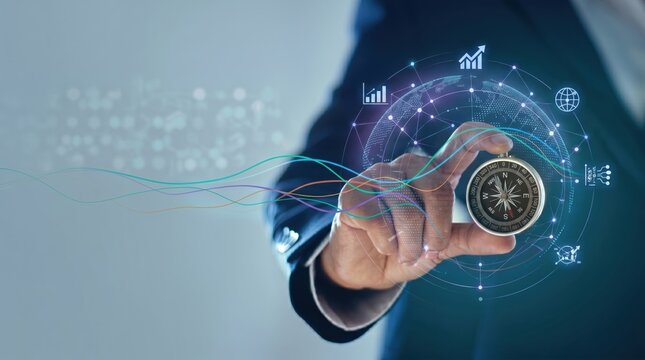 Hand holding vintage compass overlaid with digital network nodes and growth charts, symbolizing business direction, strategic navigation and finding the right path to success