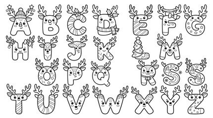 Obraz premium Christmas Alphabet Coloring Pages: Cute Reindeer Letters for Kids