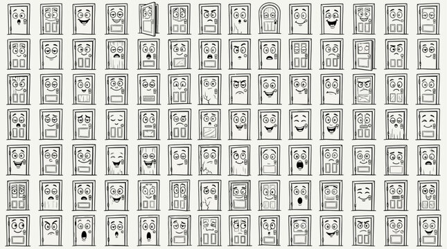 Collection of Cartoon Doors with Expressive Faces - Emotions and Characters