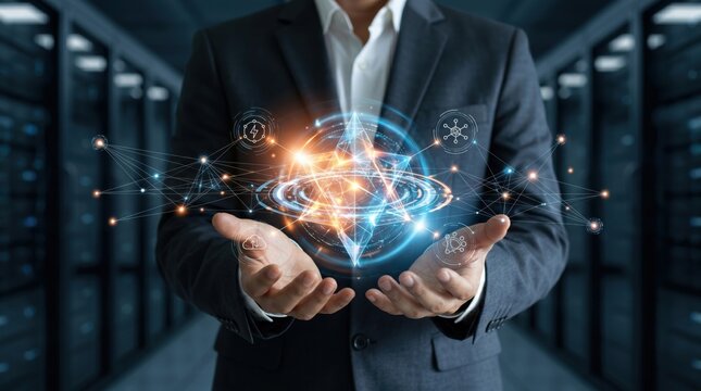 Man holding blockchain and cryptocurrency hologram in data center, decentralized finance concept, ethereum symbol, network nodes connection, secure digital transaction