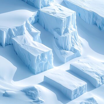 Iceberg chunks on snowy landscape.