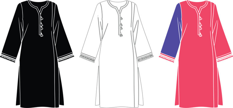 Women traditional kurta tunic fashion vector sketches, transparent background