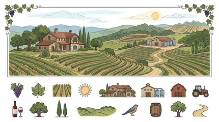 Fototapeta premium Vineyard landscape with winery and rustic farm icon collection