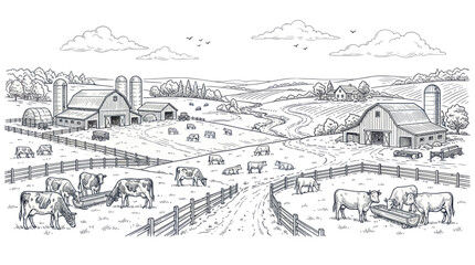 Rural farm scene with dairy cattle grazing by barns and silos © Maman