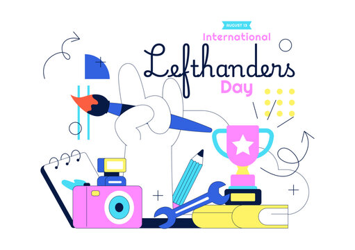 International Left Handers Day Illustration Featuring Left-Hand Creativity, Education Tools, Artistic Expression, and Writing Activities Concept
