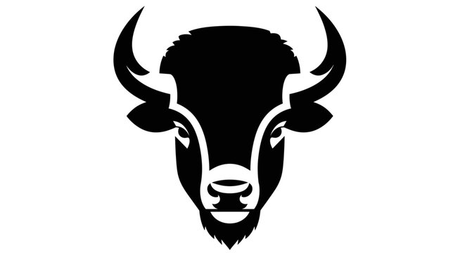 Stylized black and white graphic illustration of a bison or buffalo head facing forward, showcasing its powerful and majestic presence.