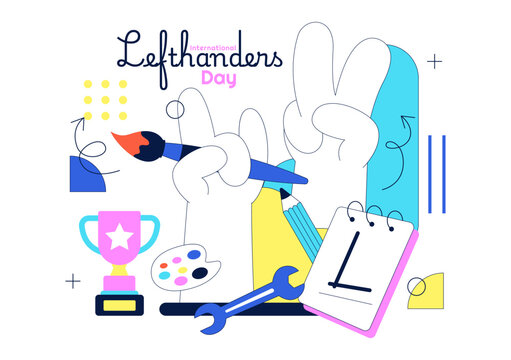 International Left Handers Day Illustration Featuring Left-Hand Creativity, Education Tools, Artistic Expression, and Writing Activities Concept
