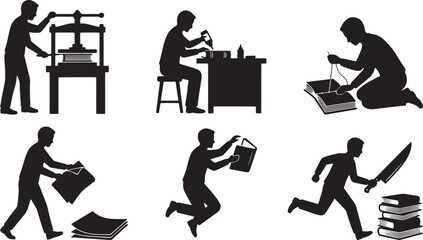 Fototapeta premium Collection of Silhouetted Figures Engaged in Various Activities Related to Books and Printing.