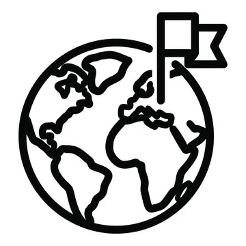 Black line drawing of globe with flag on it  world map symbol  travel concept icon