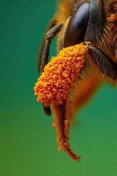 A macro shot of a bee's leg, highlighting the corbicula (pollen basket) stuffed full of bright orange pollen, isolated on green background