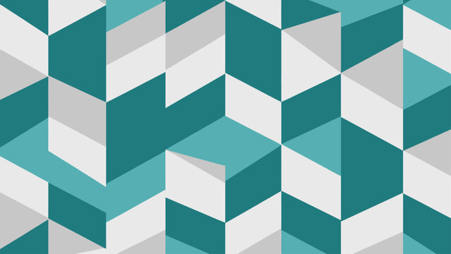 Abstract geometric pattern of interconnected teal, white, and grey parallelograms