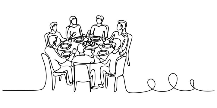 Group of friends sitting at a round dining table for dinner drawn in a continuous single line art style Vector, illustration