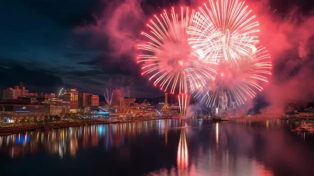 Bright fireworks explode in vibrant colors above a city skyline at night. The reflections on the water create a stunning visual display during a festive celebration.