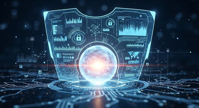 Cybersecurity shield displays complex data visualizations and glowing digital nodes to represent advanced network protection systems and secure information infrastructure in a modern tech environment.