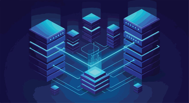Isometric data center server farm, blue futuristic cloud computing technology, digital database storage network concept vector