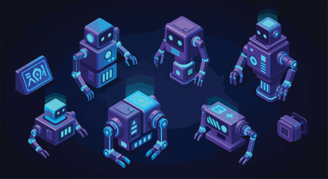 Isometric futuristic robot character set, neon blue and purple cyborg collection, 3D robotic artificial intelligence icons for gaming and tech UI