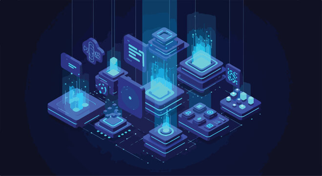 Isometric data processing concept with glowing digital blocks, futuristic cloud computing infrastructure, high-tech server network visualization