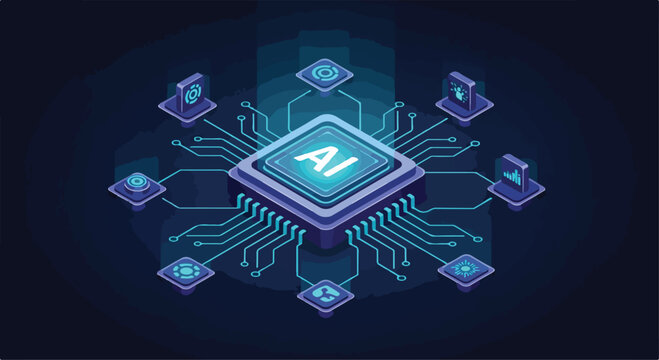 Artificial Intelligence processor unit, isometric AI microchip with glowing circuit board, futuristic digital brain technology vector illustration
