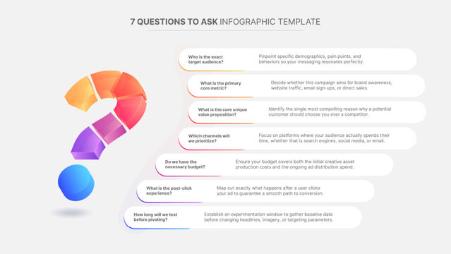 Question Mark Illustration Infographic Template with 7 Question and Answer Data Points