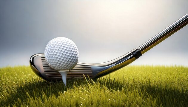 Golf ball on tee with club in grass ready to be hit.