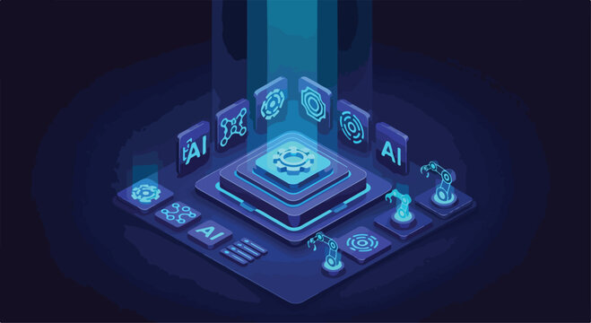 Artificial intelligence isometric concept, futuristic AI technology platform with robotic arms and digital icons, smart automation vector illustration