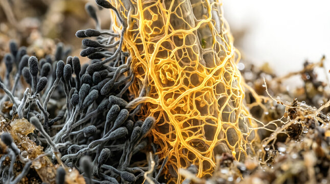 Golden mycorrhizal fungal network parasitizing on black pathogenic mold colony