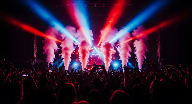 Enthusiastic crowd raising hands at a music festival with dramatic smoke effects and stage lights