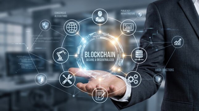 Man hand holding blockchain secure decentralized network, public key infrastructure, consensus algorithms, hash functions, cryptographic security, distributed database management