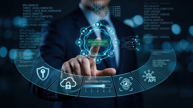 Businessman using futuristic holographic interface for zero trust authentication, digital security concept with data protection icons and network shield technology background