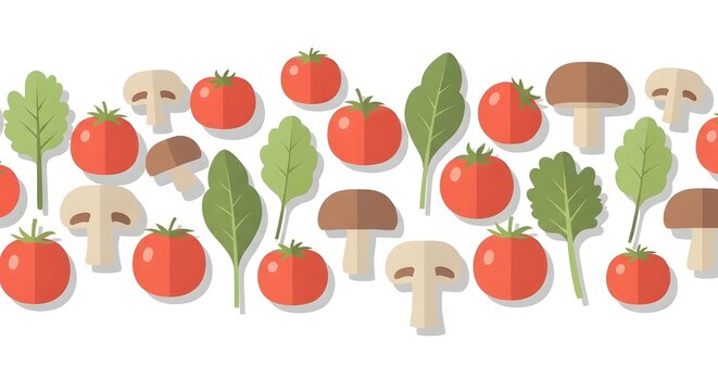 A vibrant, flat design illustration showcasing a seamless pattern of fresh tomatoes and mushrooms interspersed with green leafy vegetables.