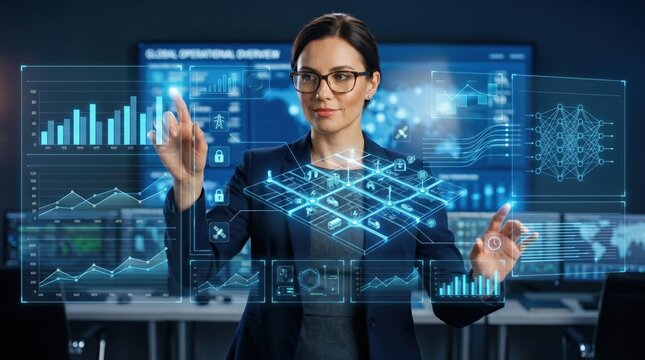 Businesswoman using futuristic holographic interface with data charts, global operational overview and digital network in modern technology office environment