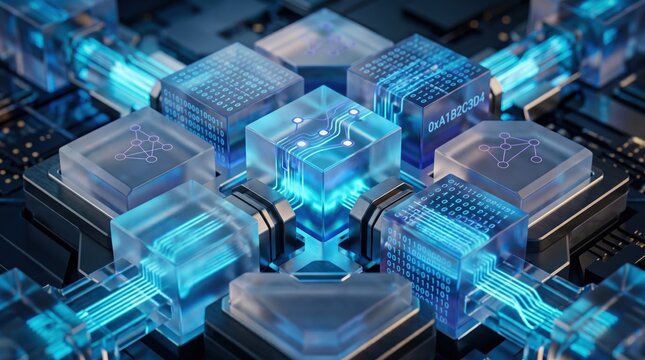 Futuristic quantum computer processor chips with glowing blue circuits, advanced technology concept, artificial intelligence hardware and digital data encryption system