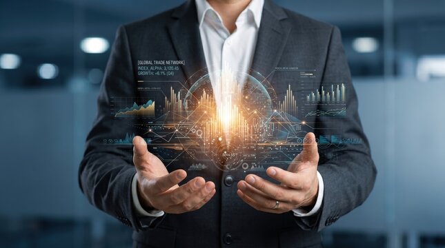 Businessman holding global trade network hologram with city skyline, international finance market growth index, economic investment and digital connectivity concept