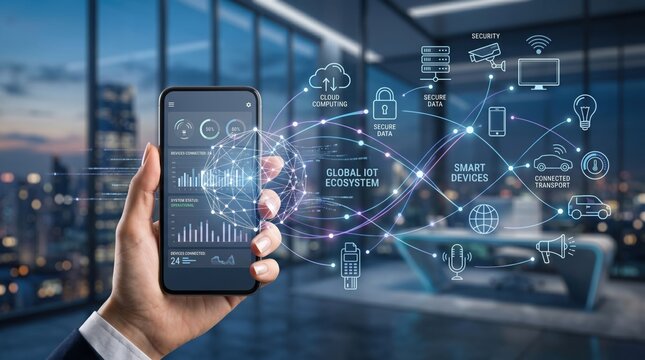 Hand holding smartphone displaying global IoT ecosystem connecting smart devices cloud computing and secure data for future city life