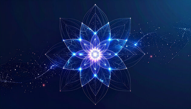 Glowing blue flower of life with geometric patterns and starry night sky