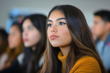 Obraz premium A woman with brown hair and brown eyes is sitting in a classroom