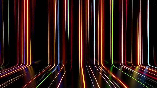 Abstract Cyberpunk glowing light trails reflection neon stripes background with perspective view 3D rendering.