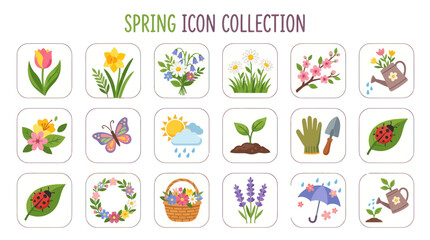 Fototapeta premium Spring nature and gardening icon set with flowers and weather icons